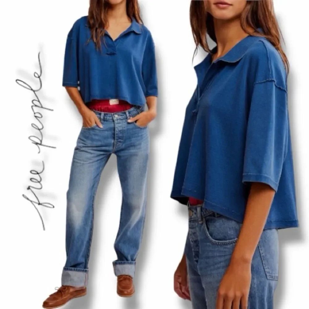 Free People Women’s Denmark Bellwether Blue Cropped Polo Shirt in Size X-Large